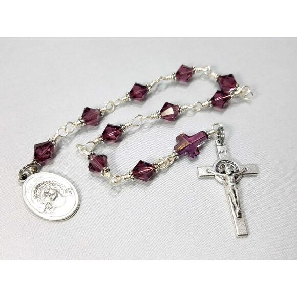 Ecce Homo One Decade Rosary Purple Swarovski Cross St. Benedict Crucifix - Picture 4 of 10